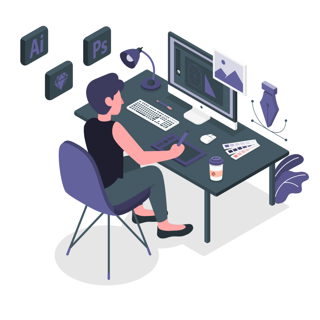 デスクでパソコンをしている女性のイラスト